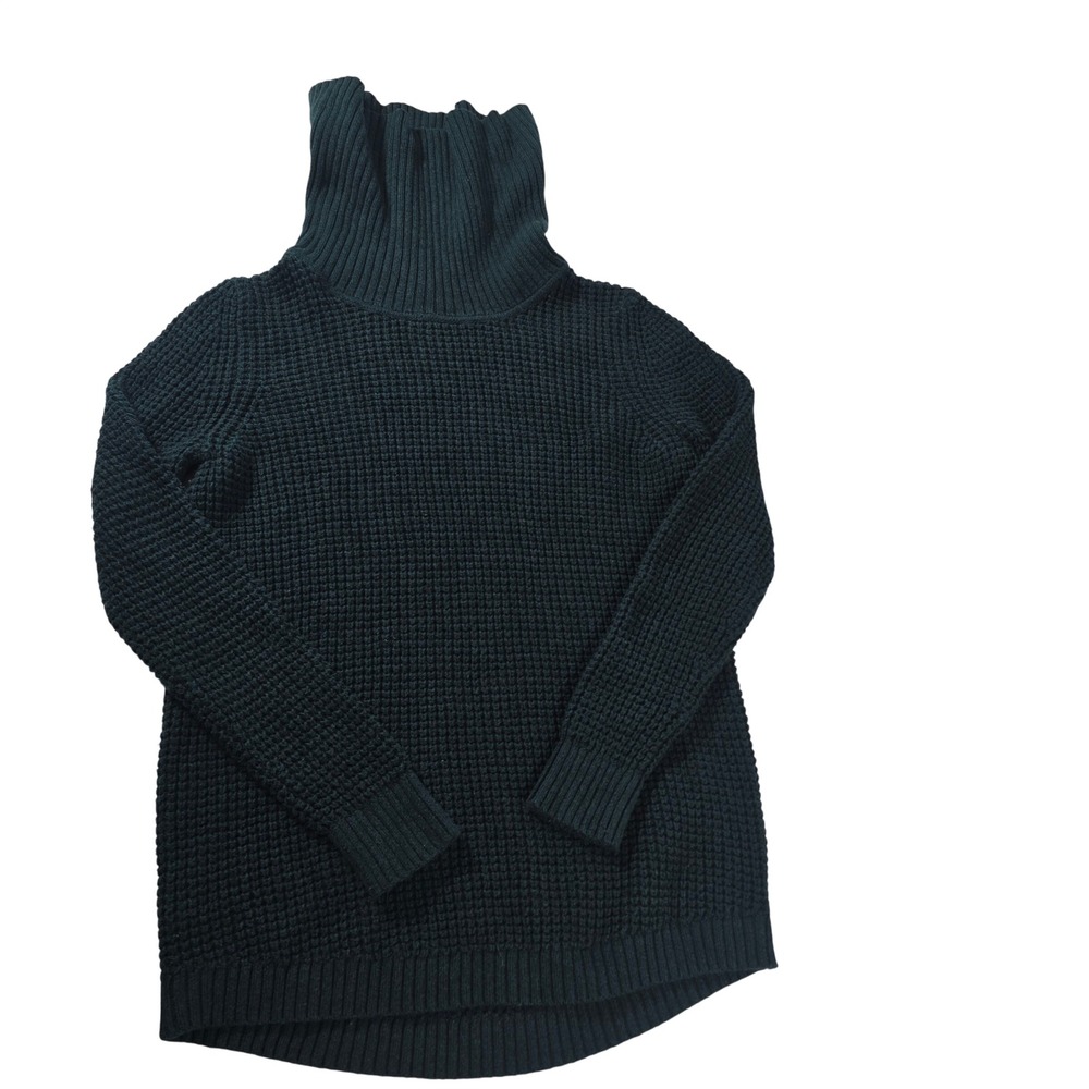 LL Bean Womens L‎ Green Waffle Knit Merino Wool Blend Turtleneck Sweater 505459